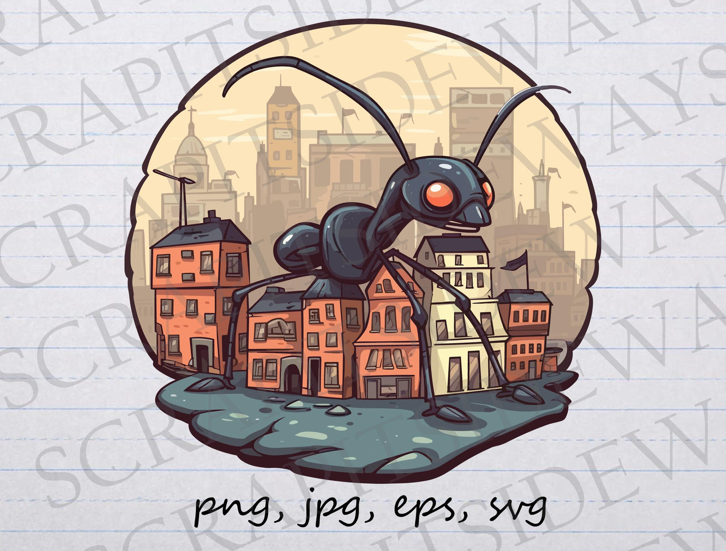 Giant ant in city clipart vector graphic svg png jpg eps antzilla, ant monster, city being attacked